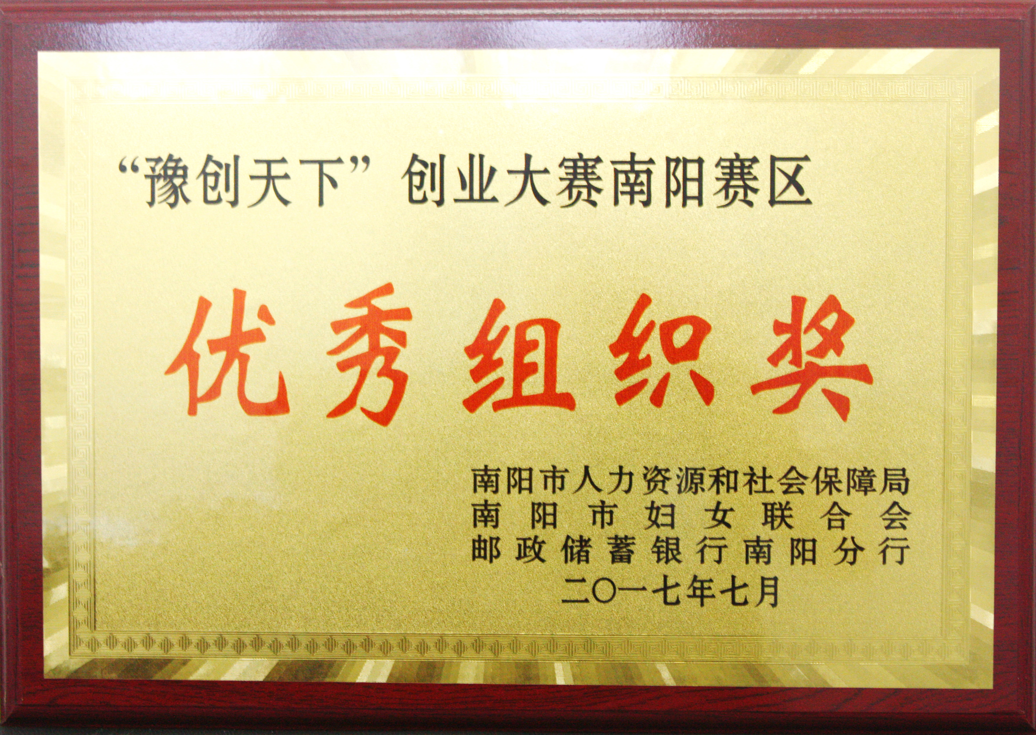 河南省“豫创天下”创业大赛南阳赛区优秀组织奖.JPG